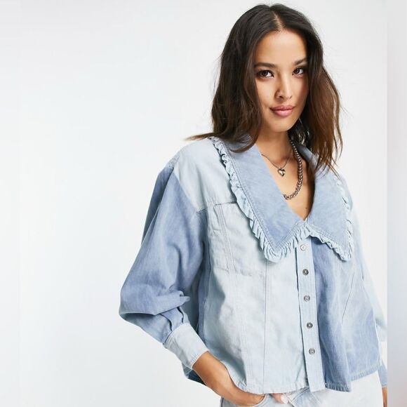 Free People Blue Daisy Baby Patchwork blouse medium - Picture 3 of 11